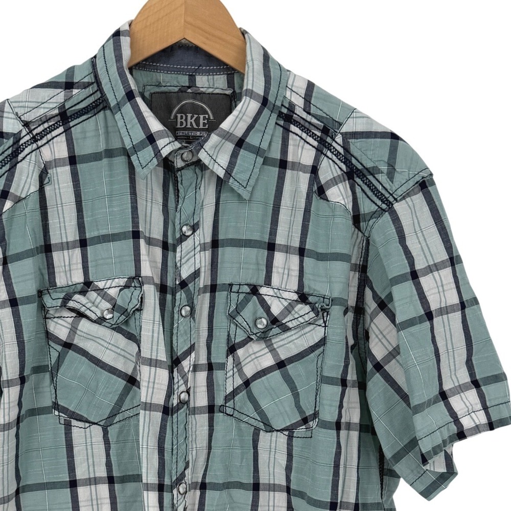BKE Athletic Fit Mens Large Teal Plaid Pearl Snap Short Sleeve Western Shirt